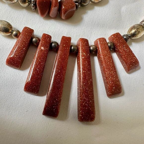 Goldstone shell silver tone double strand necklace - Picture 5 of 10